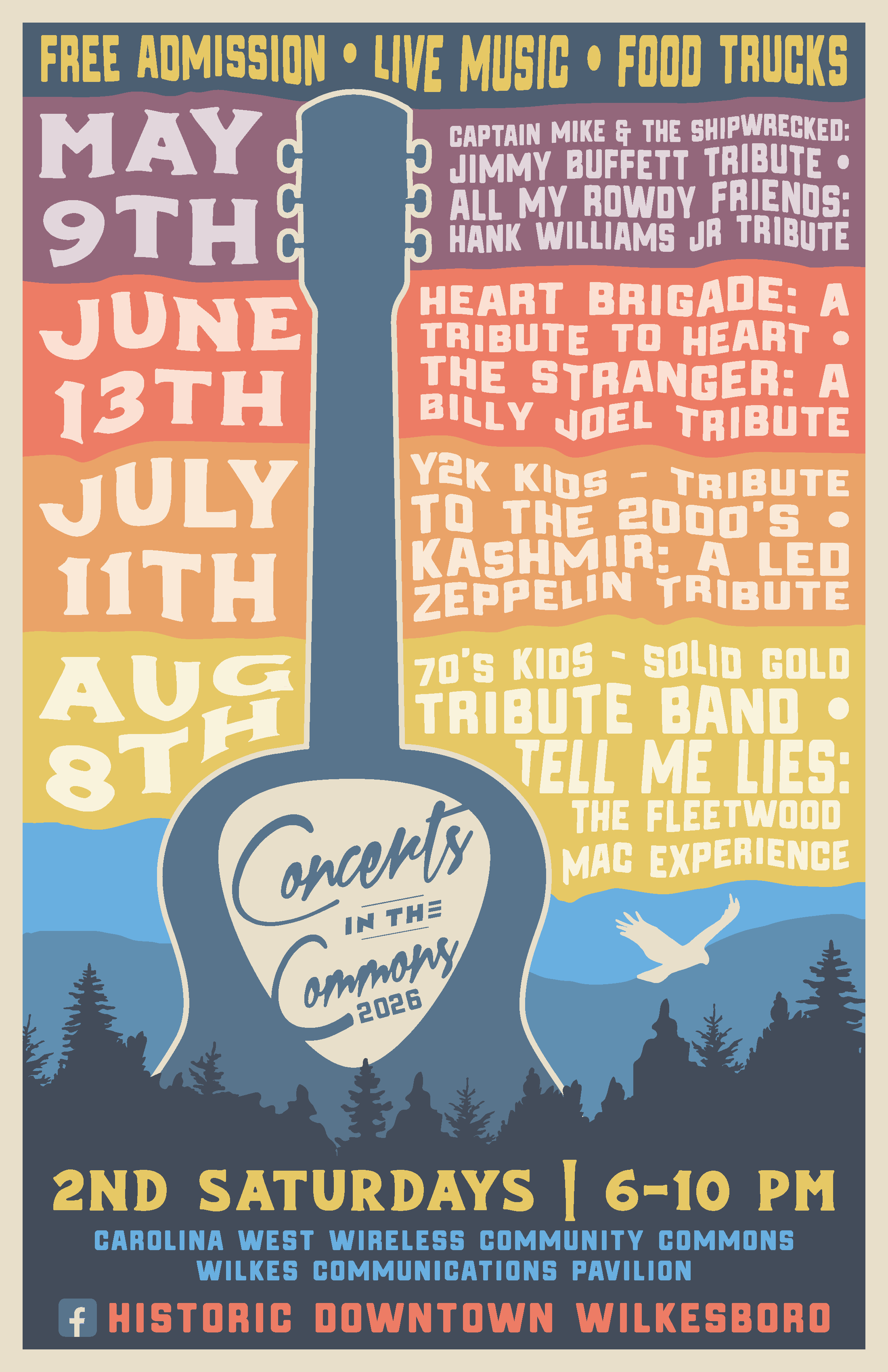 Community Commons in Wilkesboro. Featuring TRIBUTE BANDS for Jimmy Buffett, Heart, Billy Joel, Led Zeppelin, Fleetwood Mac, and more, with colorful text inside a guitar shape and a blue background with trees with the flying bird Great State of Wilkes logo.
